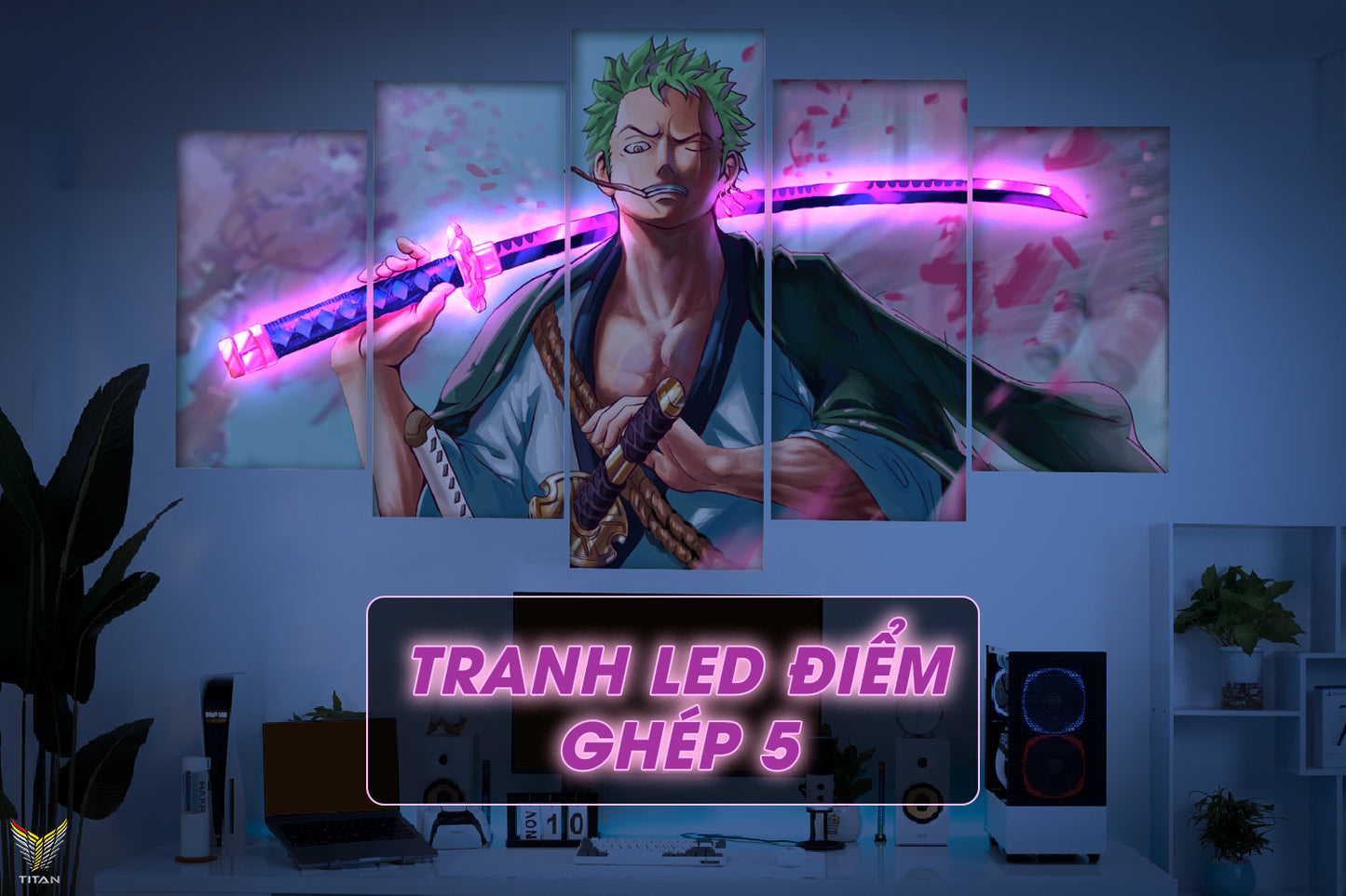TRANH ANIME TREO TƯỜNG CANVAS LED ĐIỂM GHÉP 5 ONE PIECE 5L.OP0016