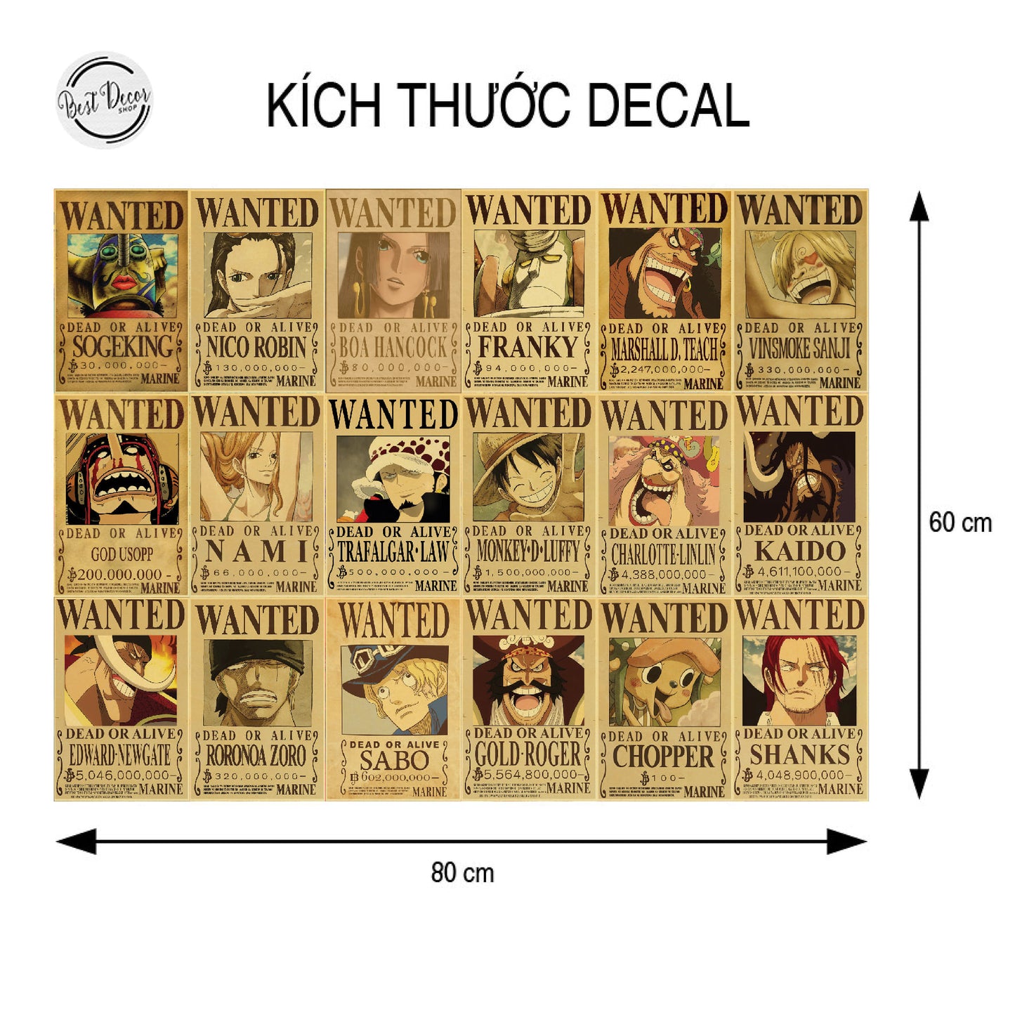 DECAL DÁN TƯỜNG NGUYÊN TẤM ANIME ONE PIECE WANTED DECAL0133